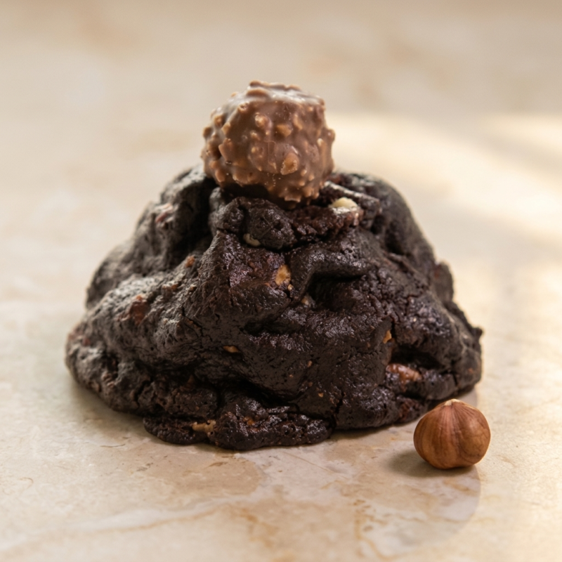 Domino Cookie with chocolate, almonds, and a Ferrero Rocher topping