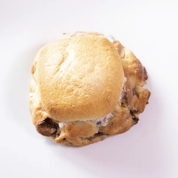 Sâ€™more Cookie with chocolate and marshmallows dusted with powdered sugar