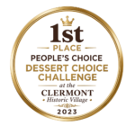 Cookie Queen 1st Place People's Choice Dessert Choice Challenge award badge at Clermont Historic Village 2023.