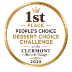 Cookie Queen 1st Place People's Choice Dessert Choice Challenge award badge at Clermont Historic Village 2025.