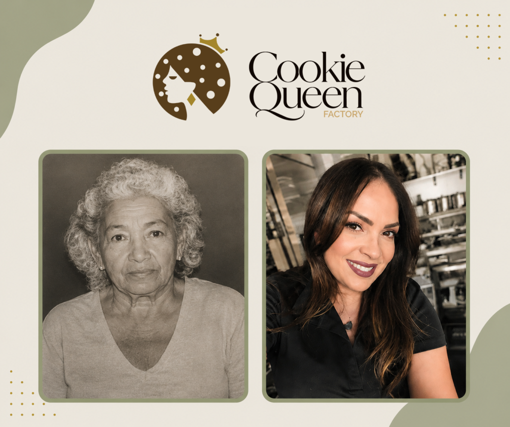 Cookie Queen Factory brand story featuring founder Jacqueline Reyes and her grandmother, the inspiration behind the brand.
