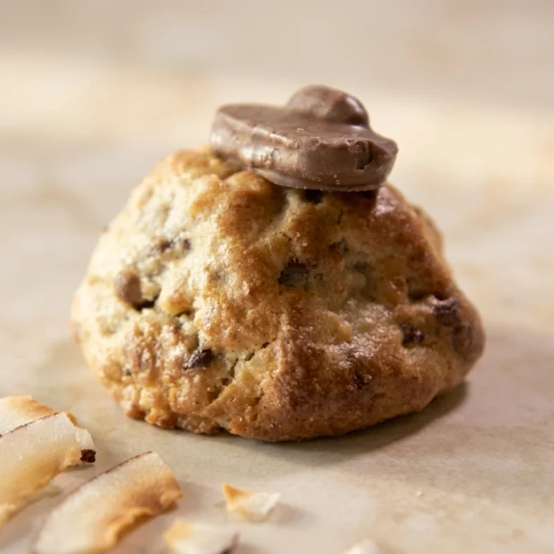 Dark Coconut Cookie with dark chocolate filling and Almond Joy topping