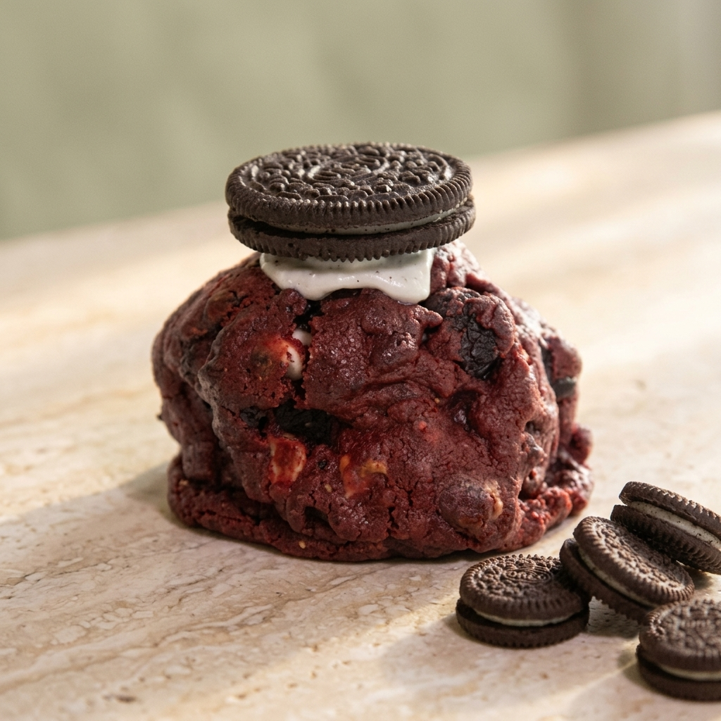 Queen Velvet Cookie with cream cheese, chocolate chips, and Oreos
